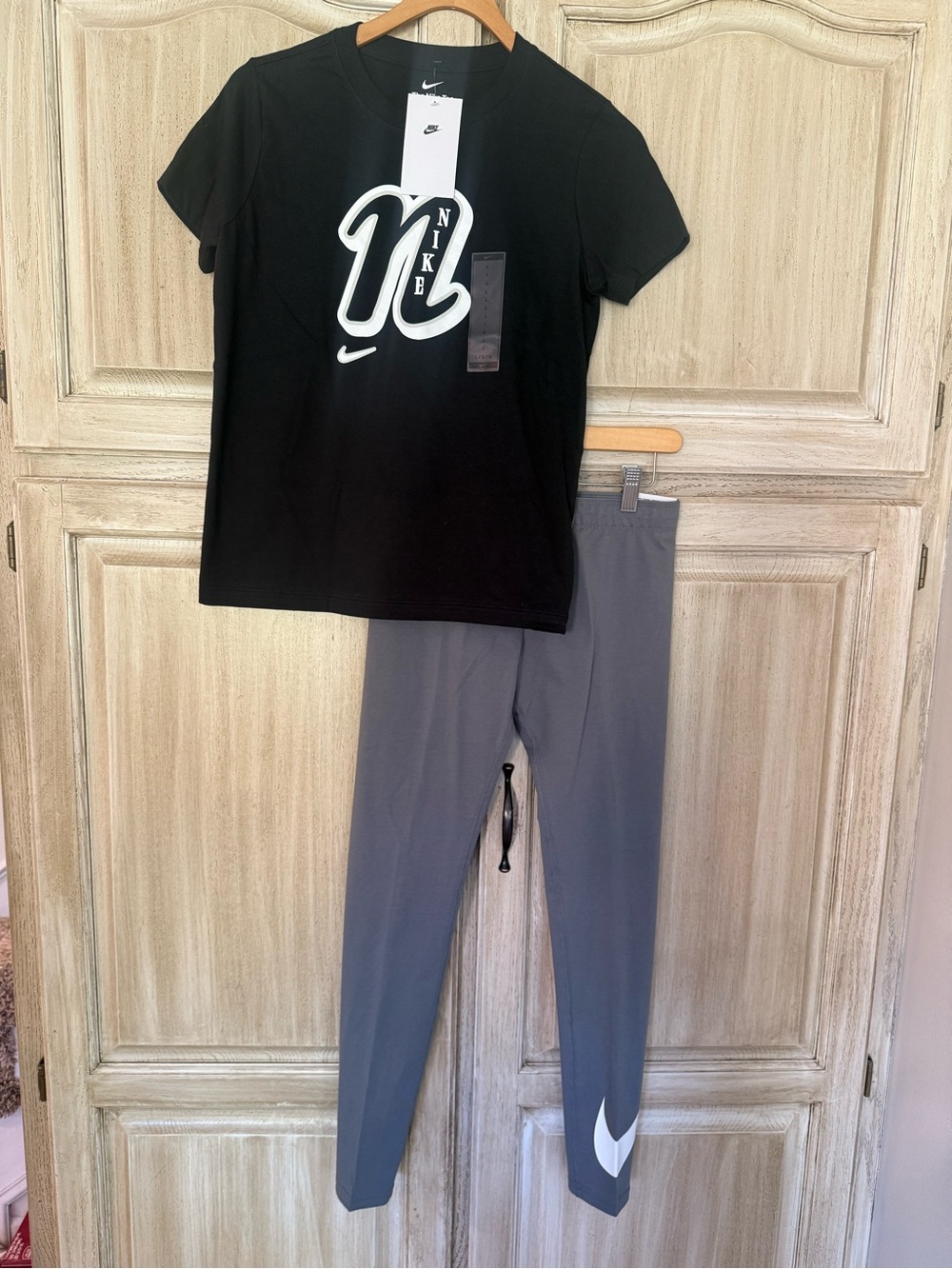 Nike Black Tee with White Logo and Gray Leggings